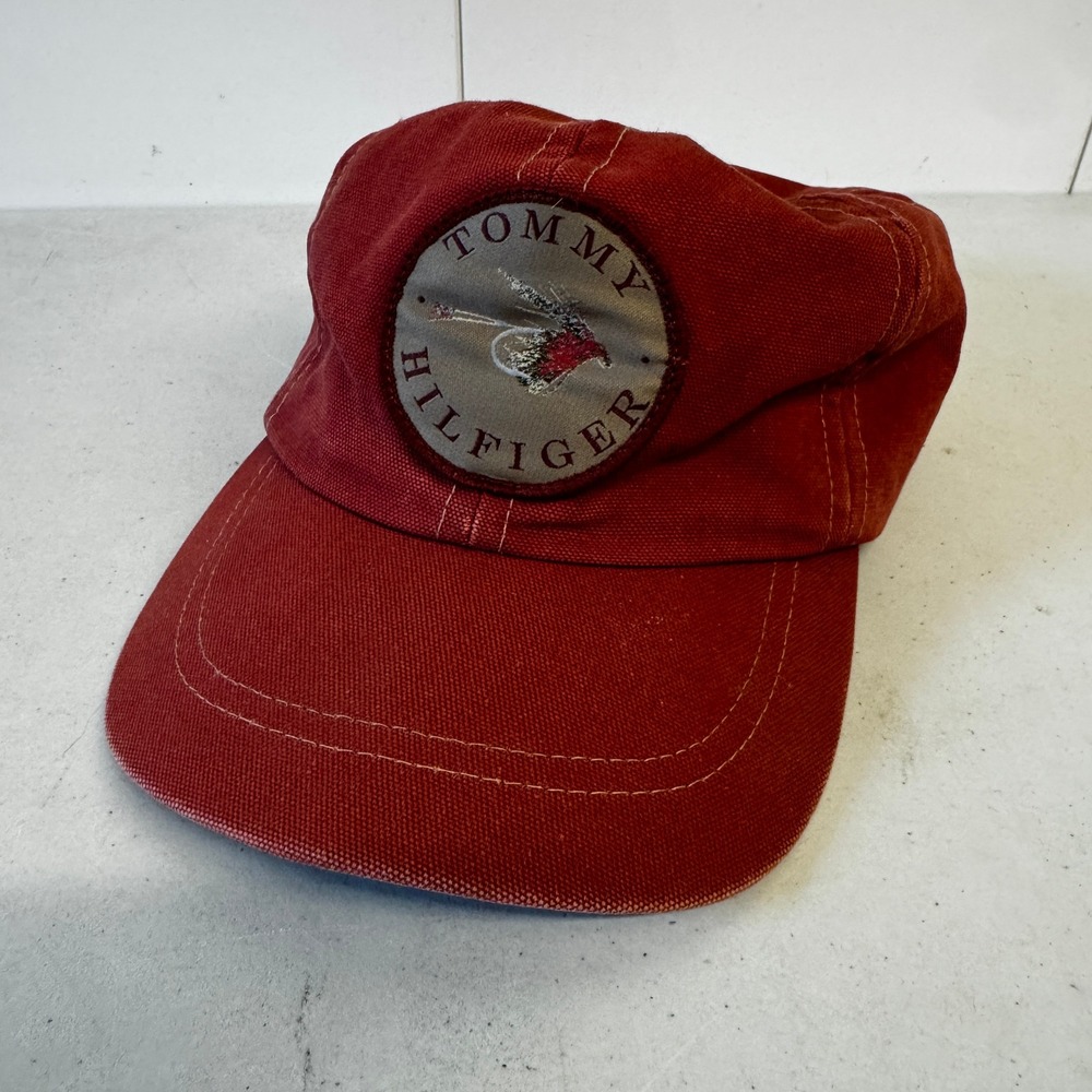 Vintage Tommy Hilfiger Fly Fishing Hat Red Canvas Made in USA Leather Strap Cap